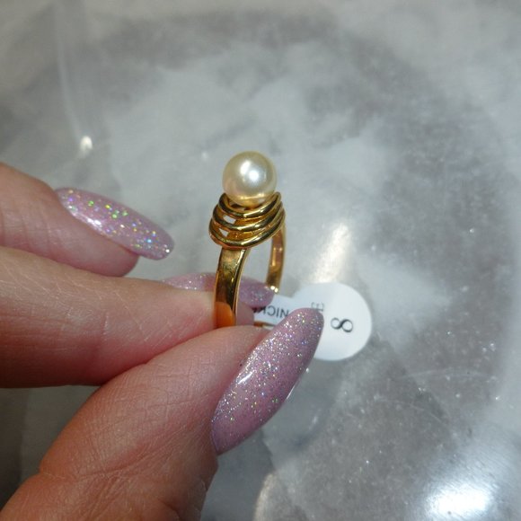 18k Gold Electroplate Natural Pearl Dolphin Ore Ring - Picture 1 of 12